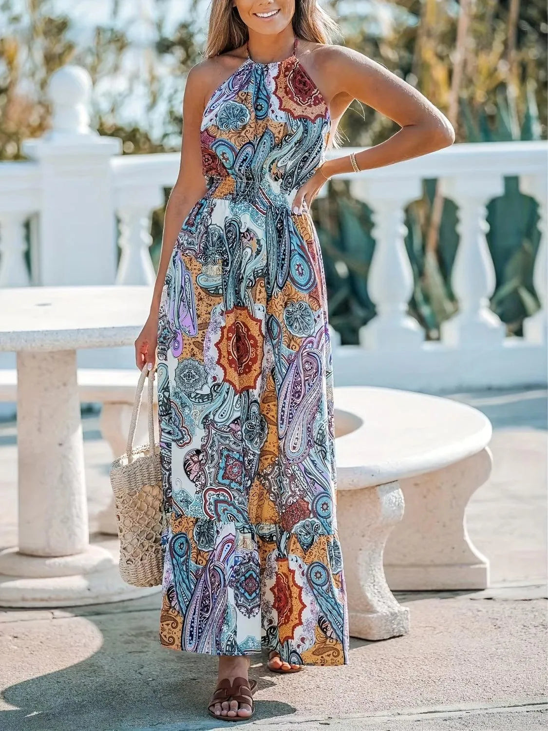 Printed Halter Neck Maxi Dress - 6i6