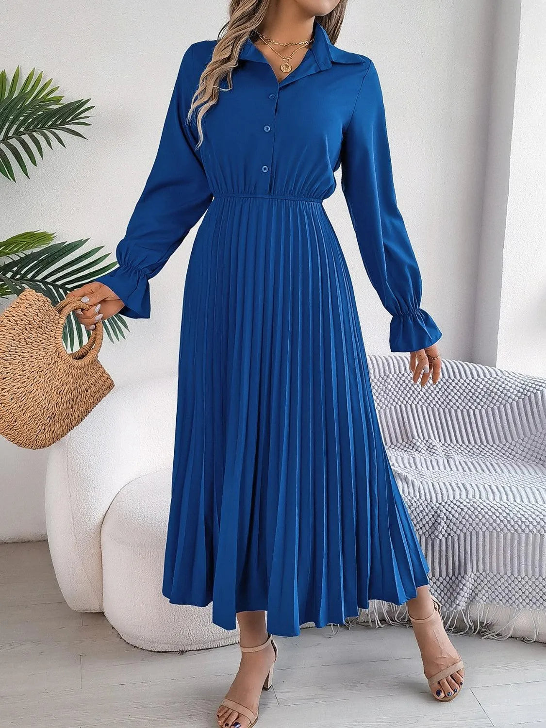 Pleated Half Button Long Sleeve Midi Dress - 6i6