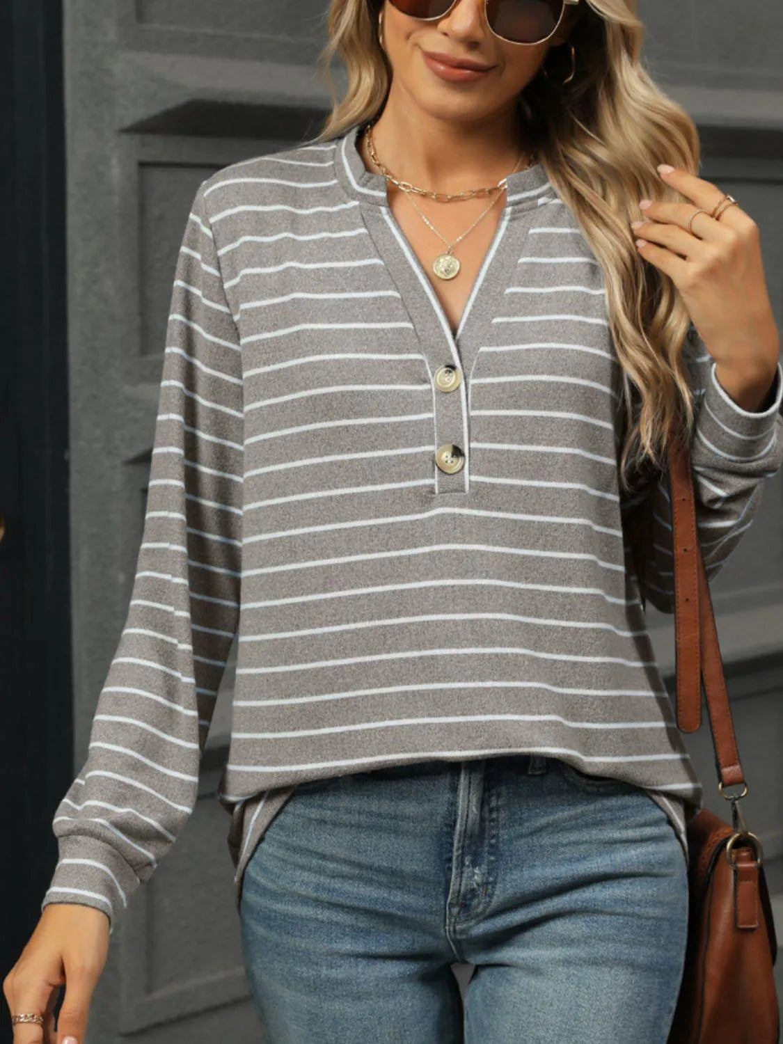 Striped Notched Long Sleeve T-Shirt - 6i6