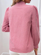 Pocketed Plaid Tie Neck Long Sleeve Shirt - 6i6