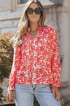 Printed Tie Neck Flounce Sleeve Blouse - 6i6