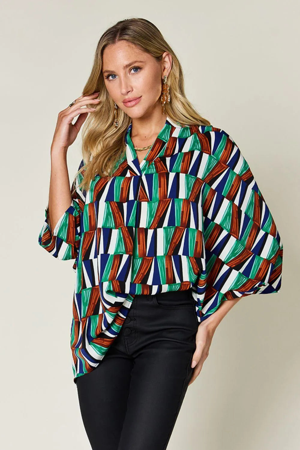 Double Take Full Size Geometric Notched Dolman Sleeve Top - 6i6