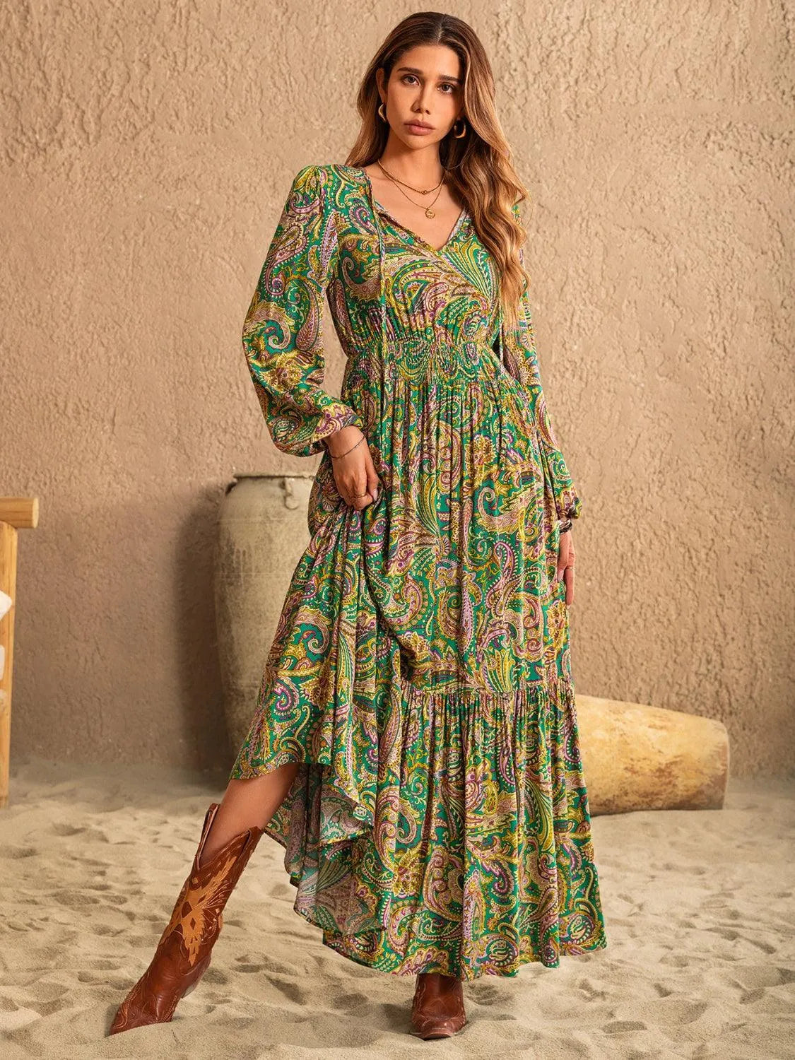 Printed Tie Neck Long Sleeve Dress - 6i6