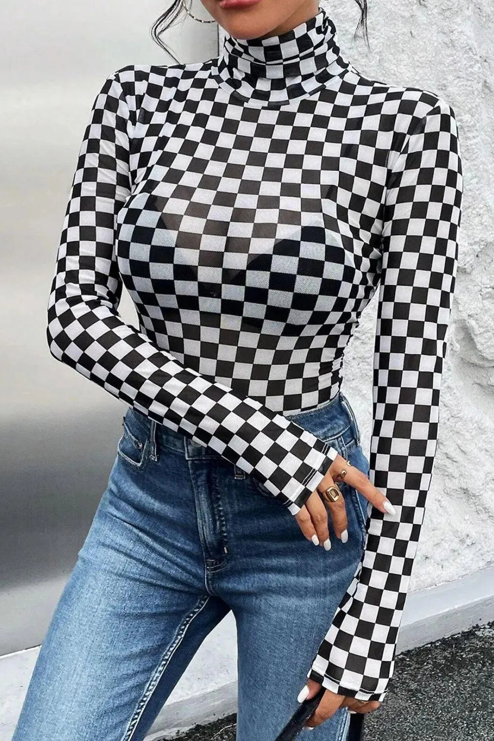 Checkered Turtleneck Long Sleeve Bodysuit - 6i6