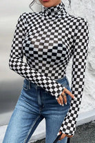 Checkered Turtleneck Long Sleeve Bodysuit - 6i6