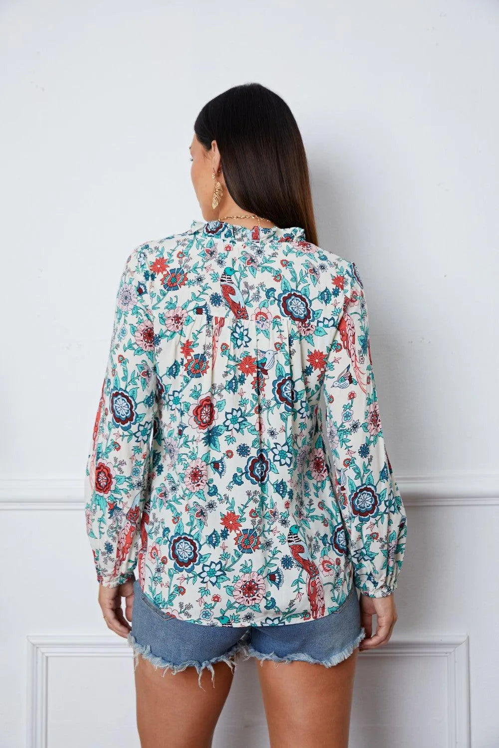 Floral Notched Long Sleeve Blouse - 6i6