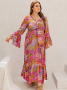 Plus Size Printed V-Neck Long Sleeve Maxi Dress - 6i6