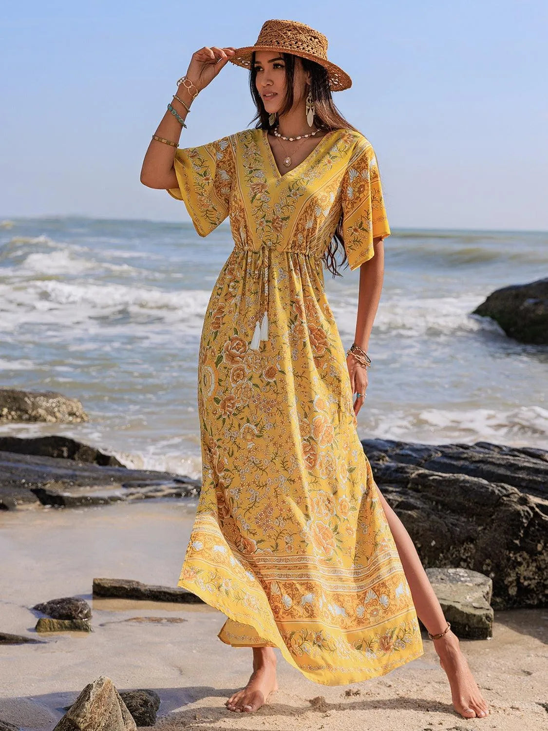 Drawstring Printed Plunge Half Sleeve Dress - 6i6