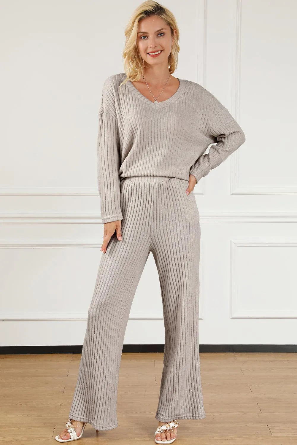 Ribbed V-Neck Top and Pants Lounge Set - 6i6