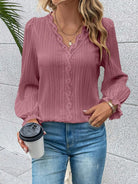 V-Neck Lace Detail Flounce Sleeve Blouse - 6i6