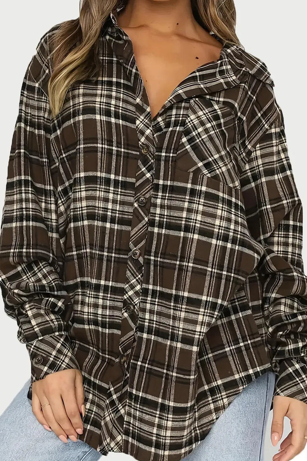 Plaid Collared Neck Long Sleeve Shirt - 6i6