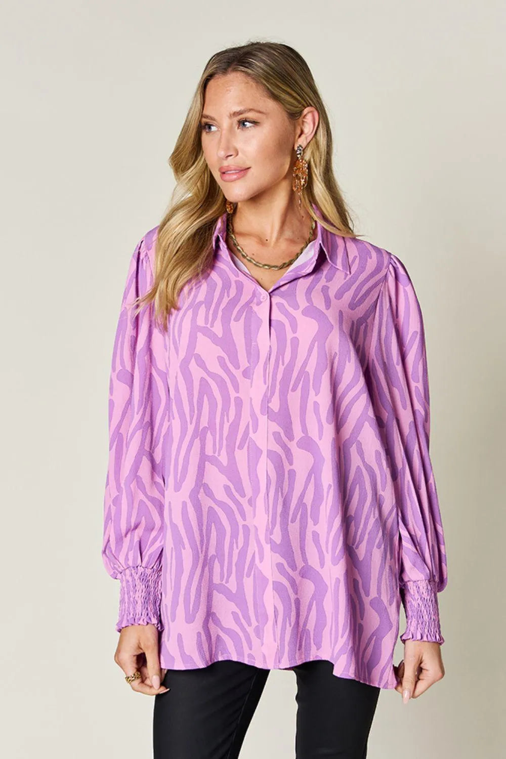 Double Take Full Size Printed Smocked Long Sleeve Blouse - 6i6