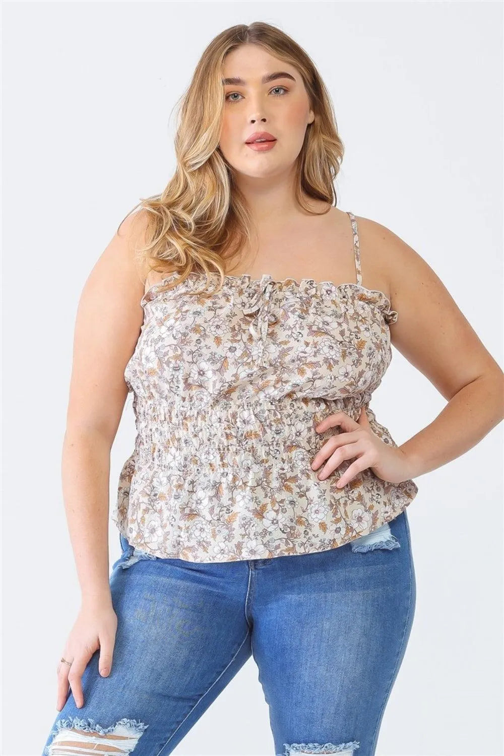 Zenobia Plus Size Frill Floral Square Neck Cami - 6i6