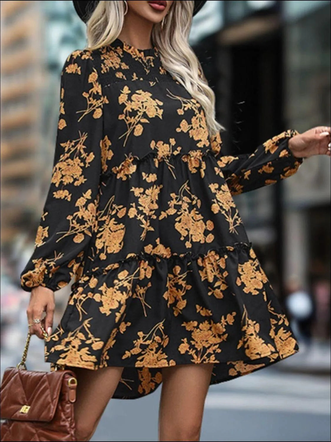 Frill Printed Long Sleeve Mini Dress - 6i6