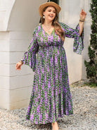 Plus Size Printed V-Neck Long Sleeve Maxi Dress - 6i6