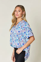 Double Take Full Size Printed V-Neck Short Sleeve Blouse - 6i6