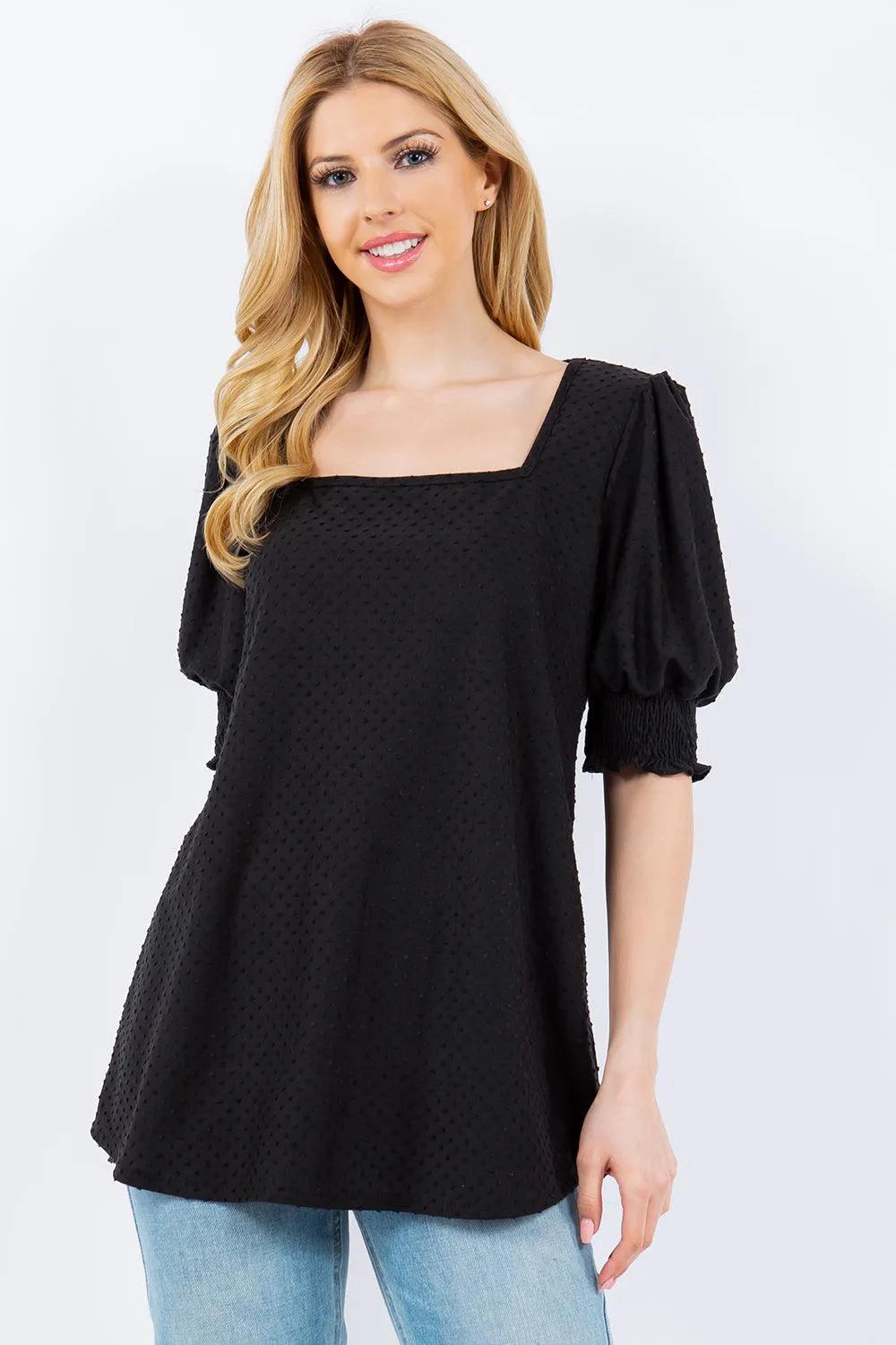 Celeste Full Size Swiss Dot Puff Sleeve Top - 6i6