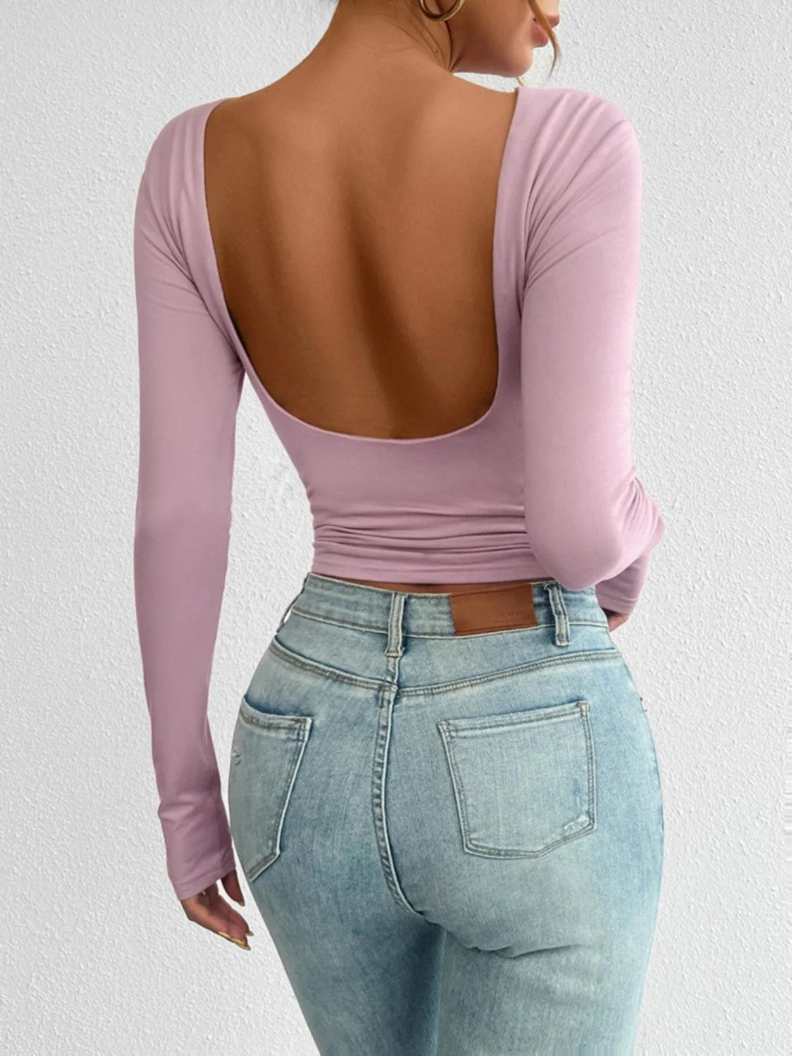 Backless Round Neck Long Sleeve T-Shirt - 6i6