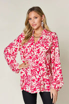 Double Take Full Size Printed Ruffle Trim Balloon Sleeve Shirt - 6i6