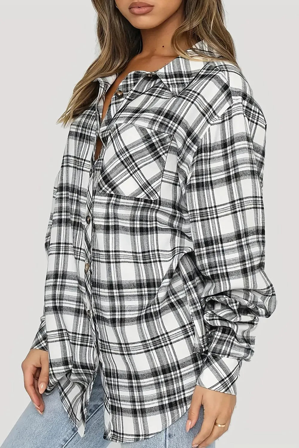 Plaid Collared Neck Long Sleeve Shirt - 6i6