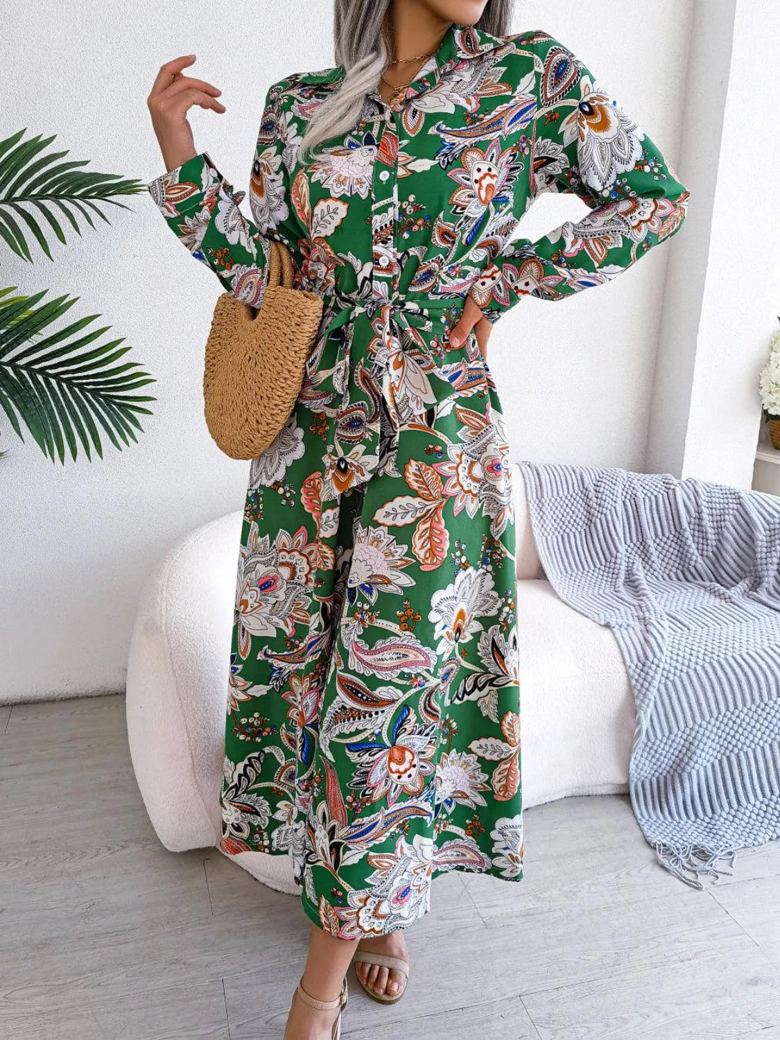 Tied Printed Long Sleeve Midi Dress - 6i6