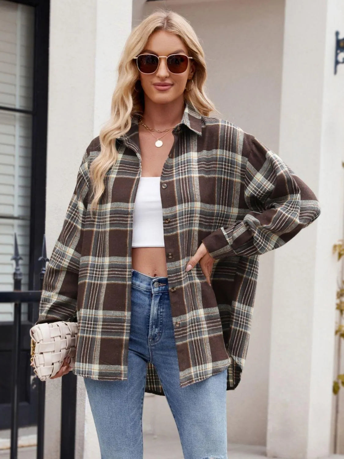 Pocketed Plaid Collared Neck Long Sleeve Shirt - 6i6