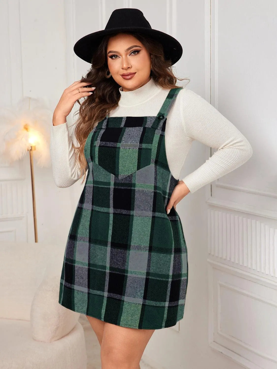 Plus Size Plaid Wide Strap Overall Dress - 6i6