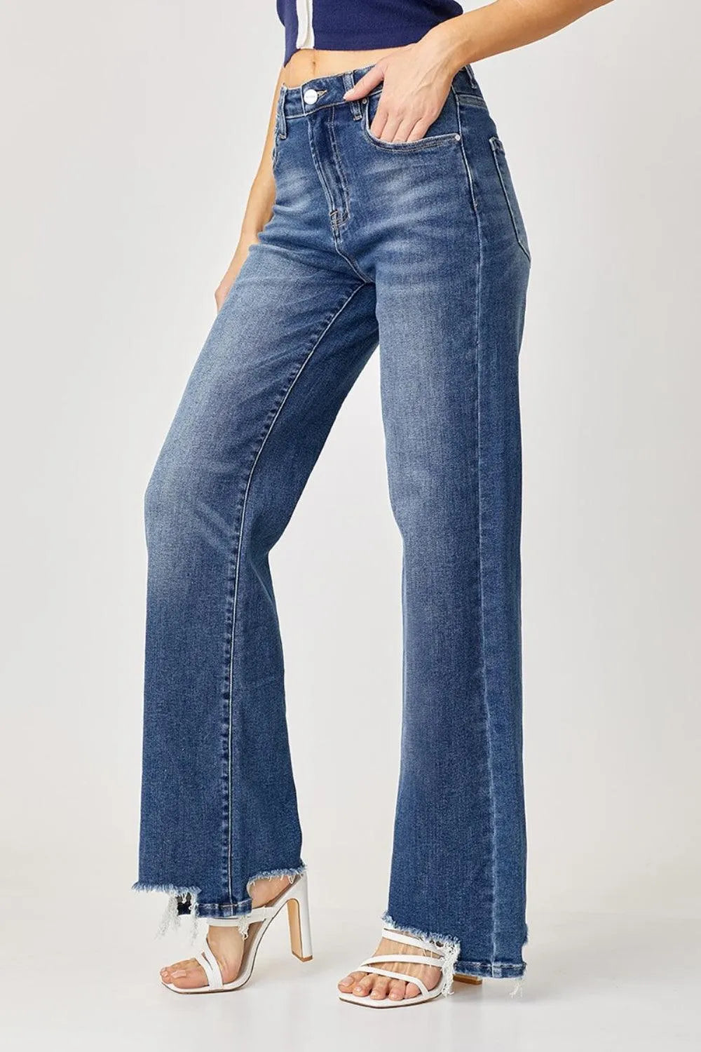 Risen Full Size High Rise Frayed Hem Wide Leg Jeans - 6i6