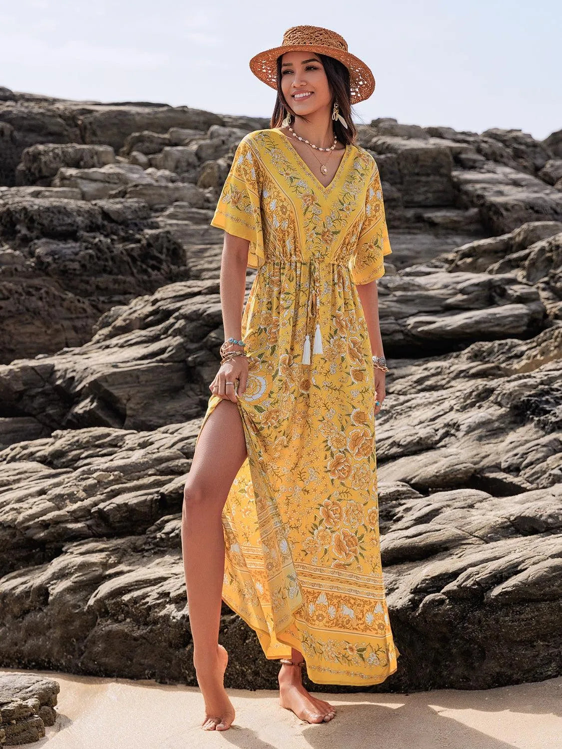 Drawstring Printed Plunge Half Sleeve Dress - 6i6