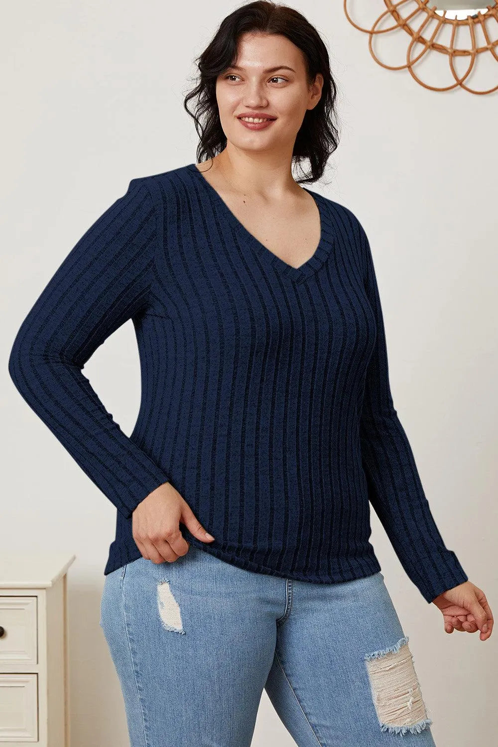 Basic Bae Full Size Ribbed V-Neck Long Sleeve T-Shirt - 6i6