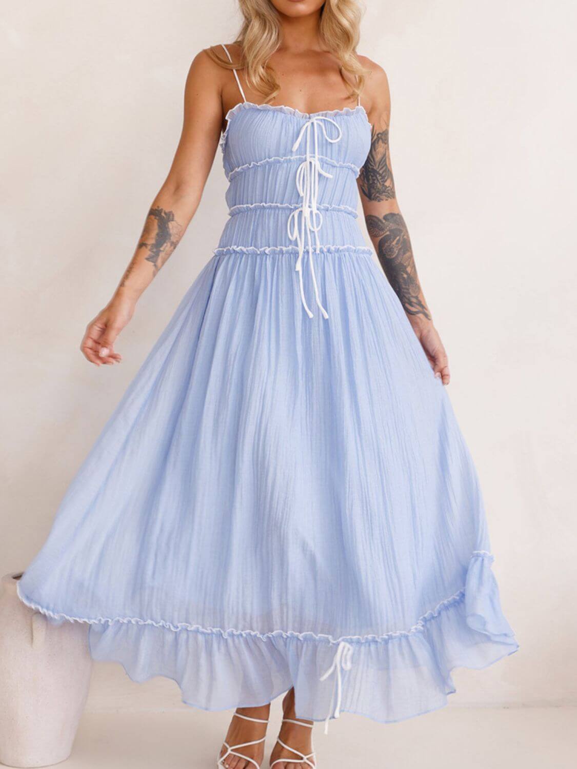 Devine frill ruffled hem midi cami dress with a flattering fit and elegant ruffled details, perfect for a casual or semi-formal look, available at 6i6.com