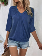 Ruched Heathered V-Neck Three-Quarter Sleeve T-Shirt - 6i6