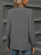 Striped Notched Long Sleeve T-Shirt - 6i6