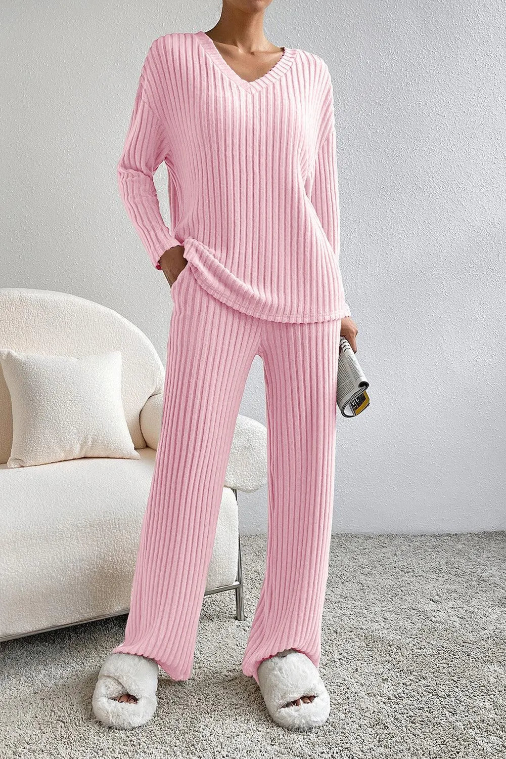 Ribbed V-Neck Top and Pants Lounge Set - 6i6