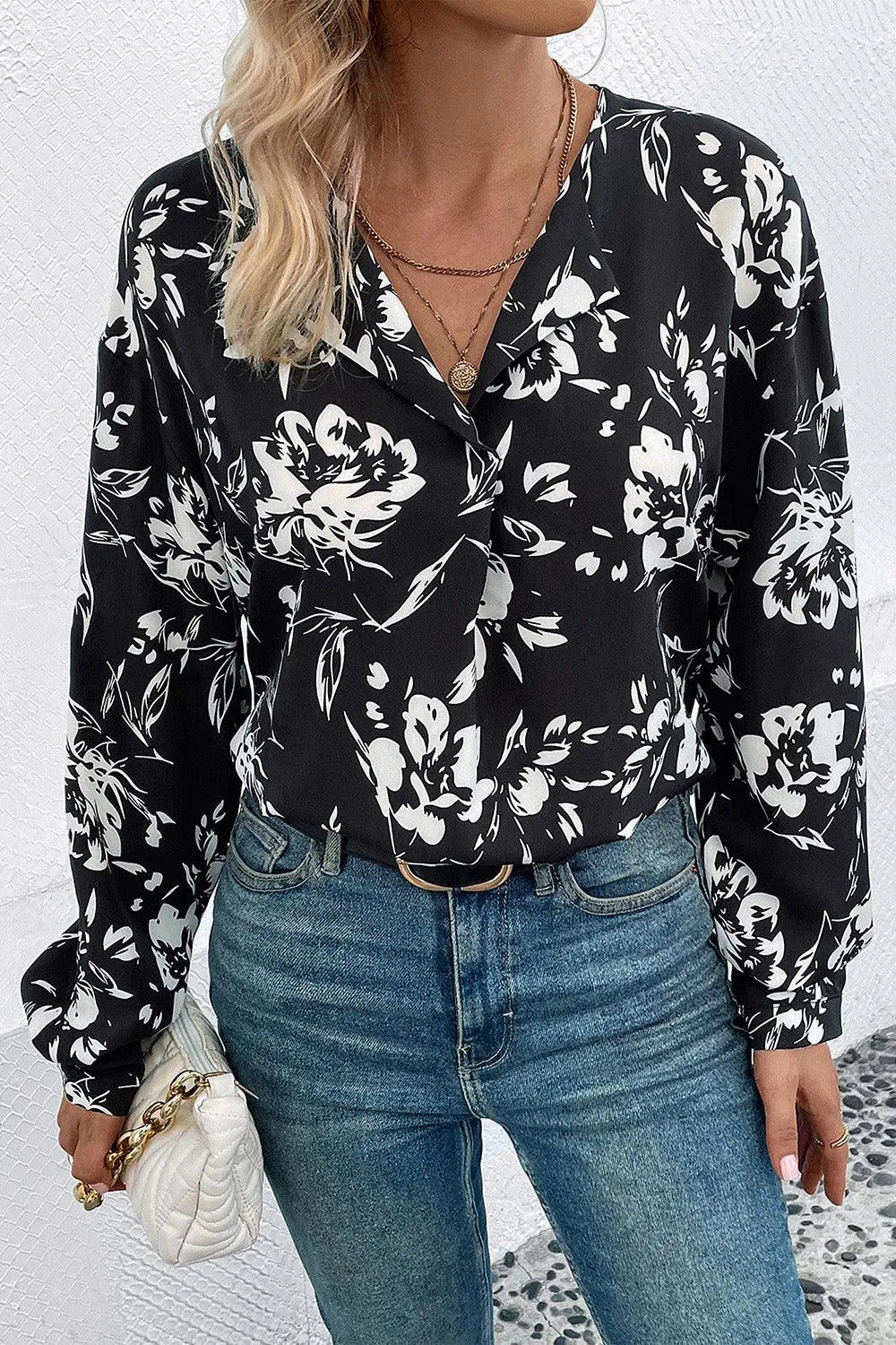 Floral Collared Neck Long Sleeve Top - 6i6