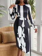 Asymmetrical Slit Round Neck Long Sleeve Midi Dress - 6i6