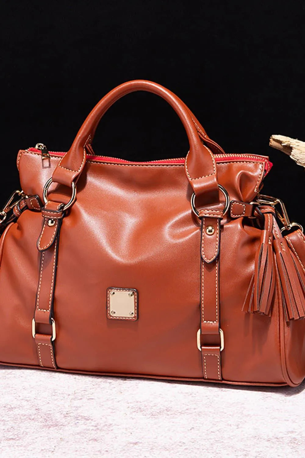 PU Leather Handbag with Tassels - 6i6