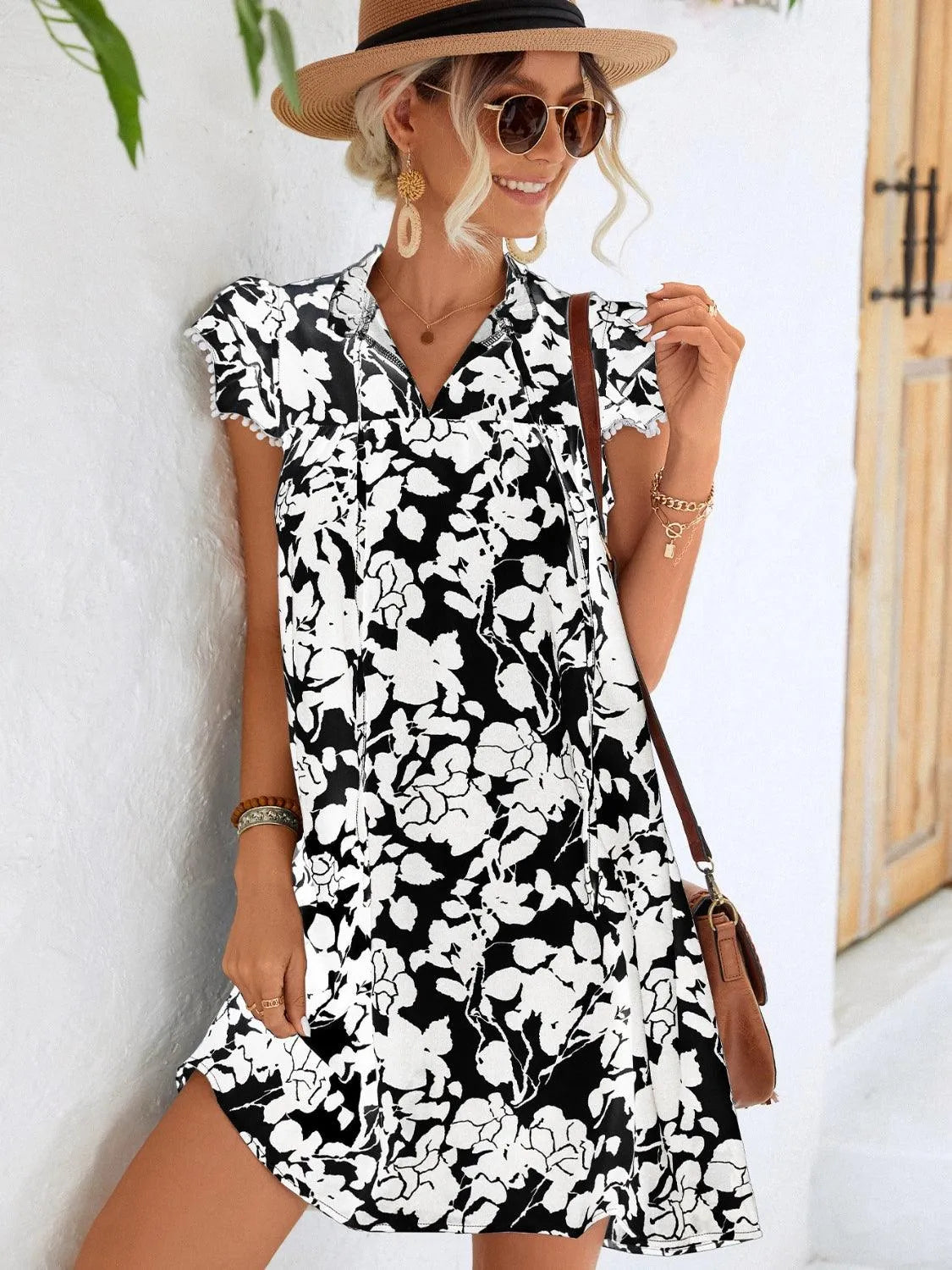 Floral Tie Neck Butterfly Sleeve Dress - 6i6