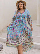 Plus Size Printed Tie Neck Top and Skirt Set - 6i6