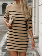 Striped Mock Neck Long Sleeve Mini Dress - 6i6