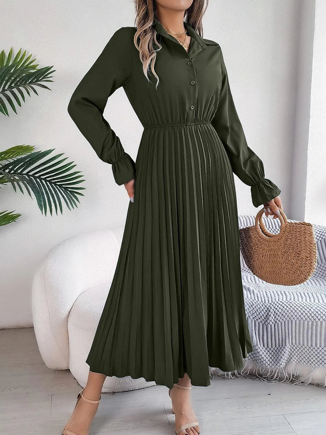 Pleated Half Button Long Sleeve Midi Dress - 6i6