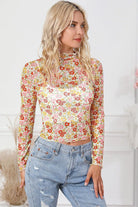 Floral Mock Neck Long Sleeve Blouse - 6i6