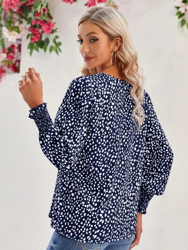 Printed V-Neck Lantern Sleeve Blouse - 6i6