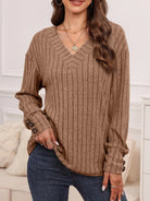 Ribbed V-Neck Long Sleeve T-Shirt - 6i6