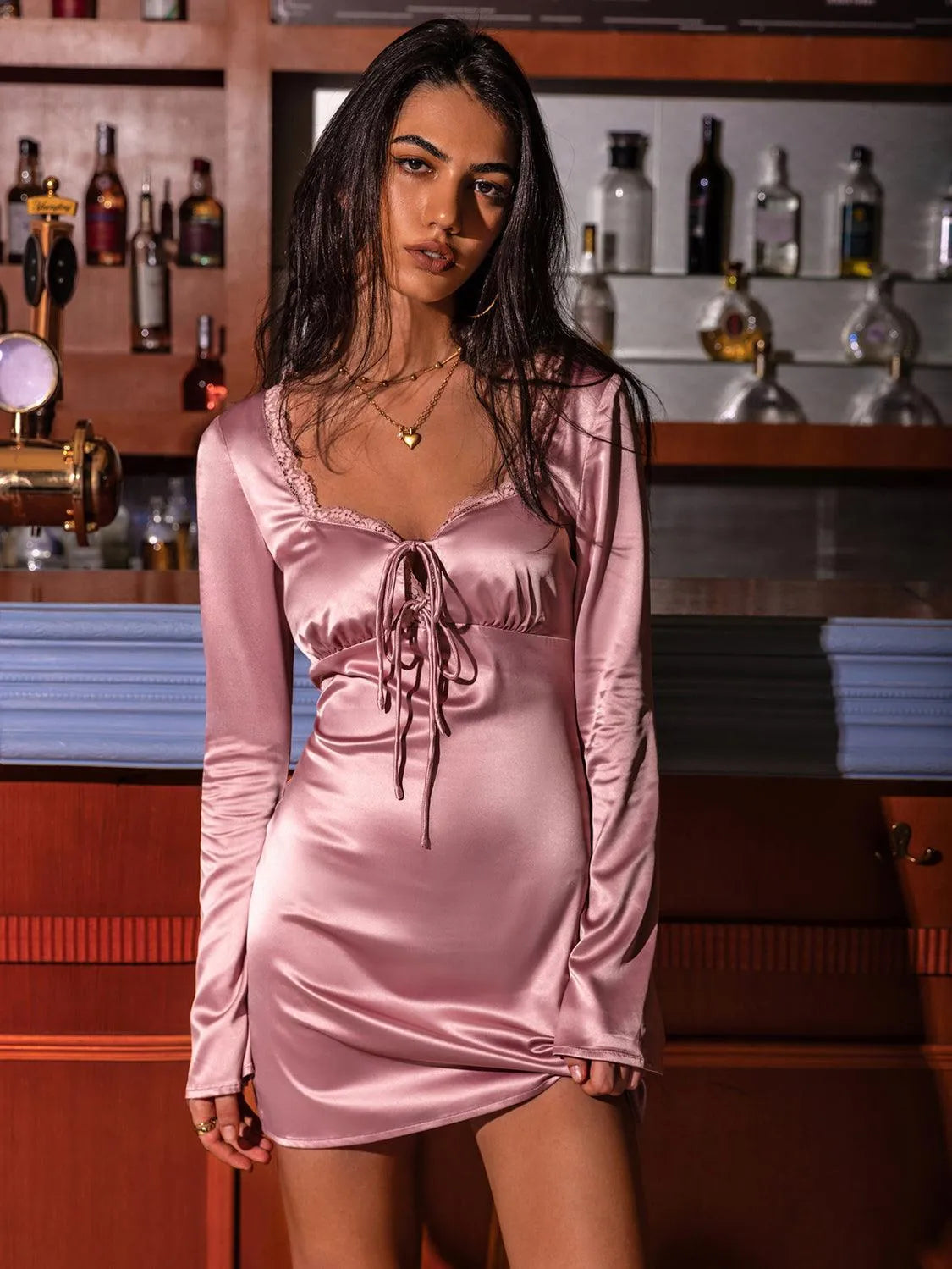 Tied Sweetheart Neck Long Sleeve Night Dress - 6i6