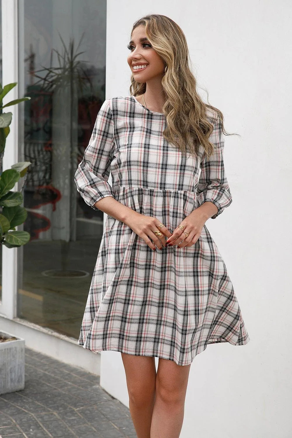 Plaid Round Neck Mini Dress - 6i6