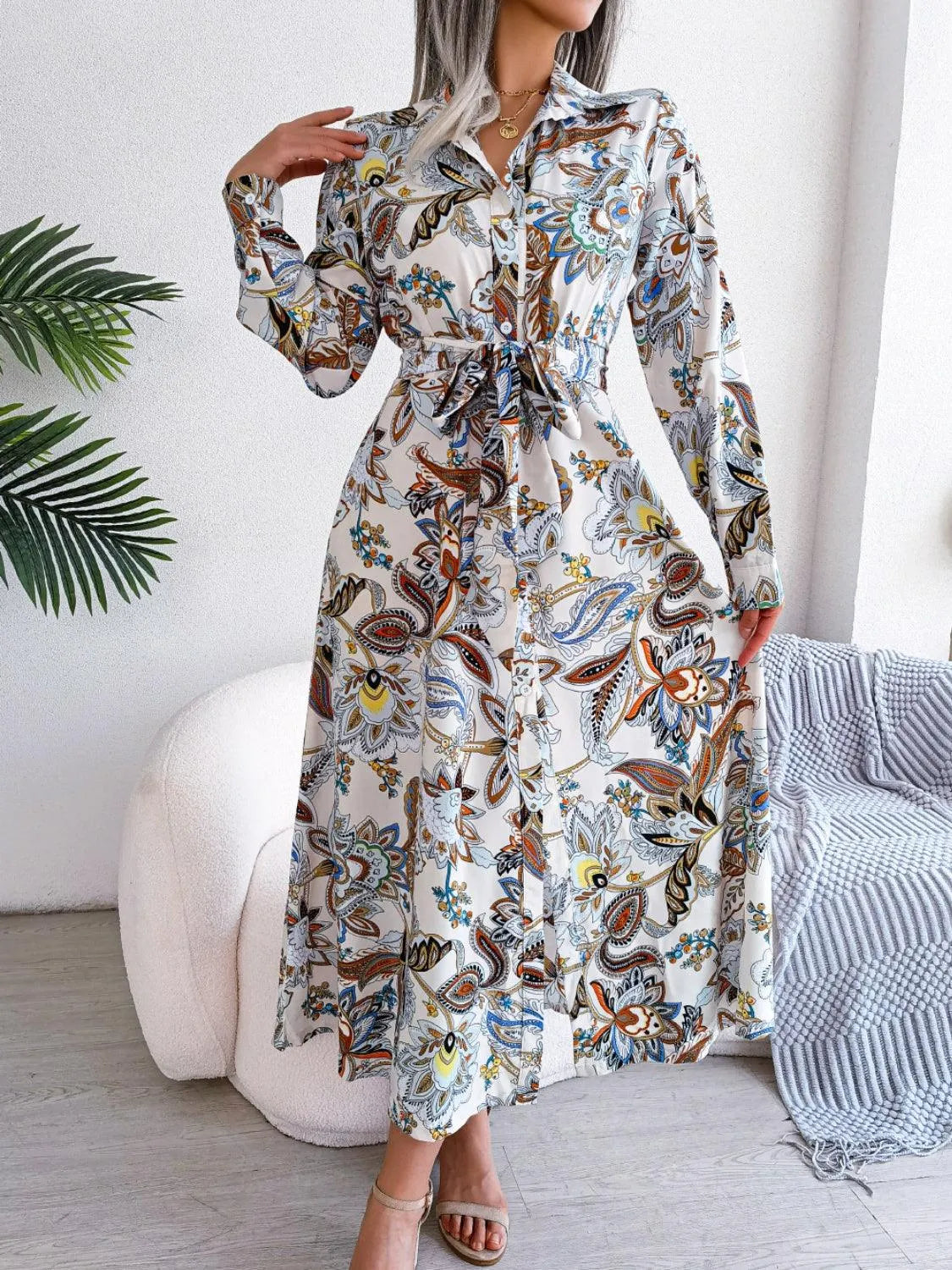 Tied Printed Long Sleeve Midi Dress - 6i6