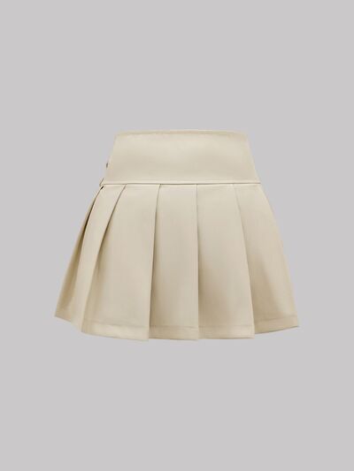 Buckle Decor Pleated Mini Skirt for women from 6i6.com, a versatile and fashionable statement piece.