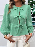 Tied Round Neck Long Sleeve Blouse - 6i6