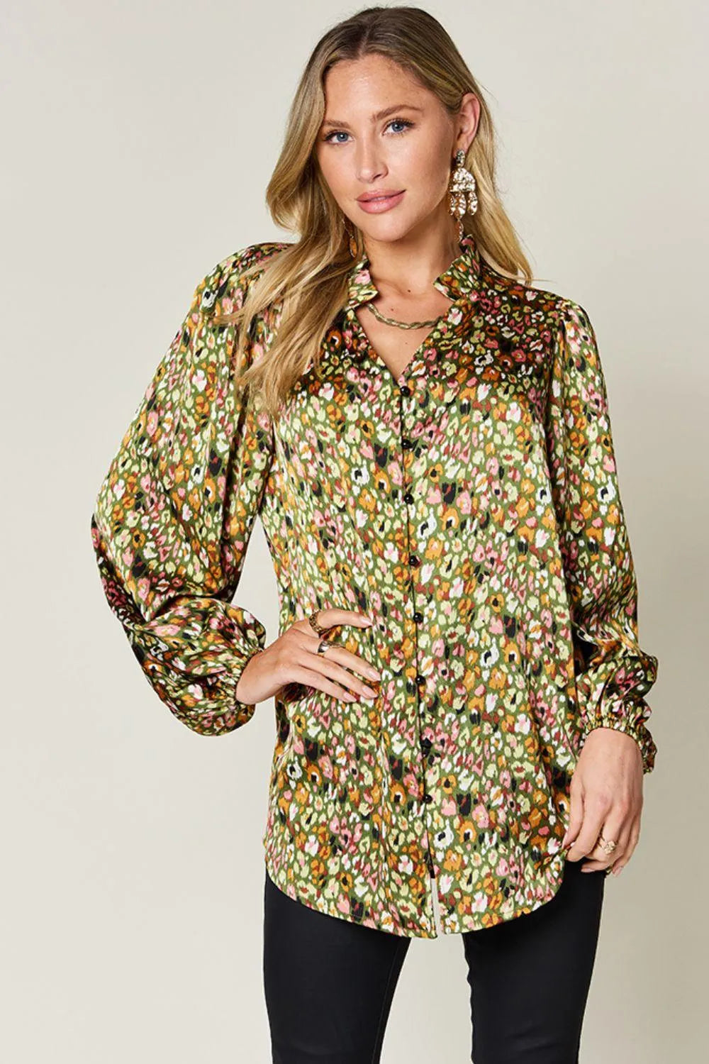 Double Take Full Size Printed Balloon Sleeve Shirt - 6i6